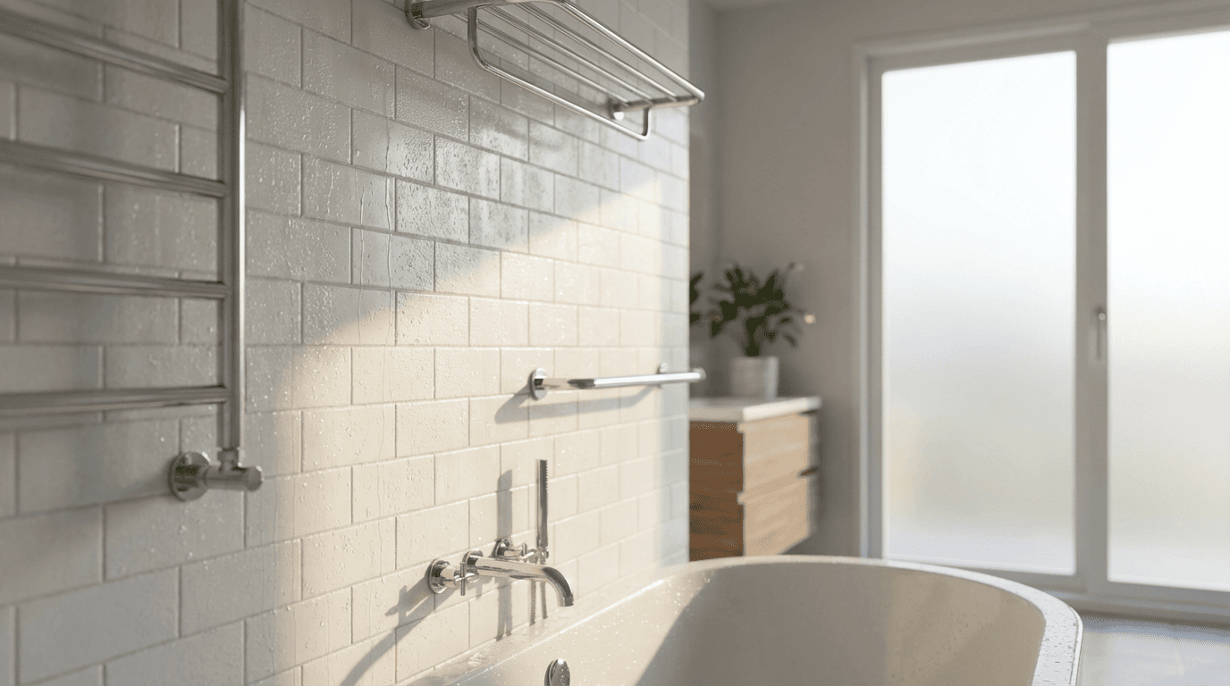 Custom frameless shower screen installation with installer hands visible, warm modern bathroom setting