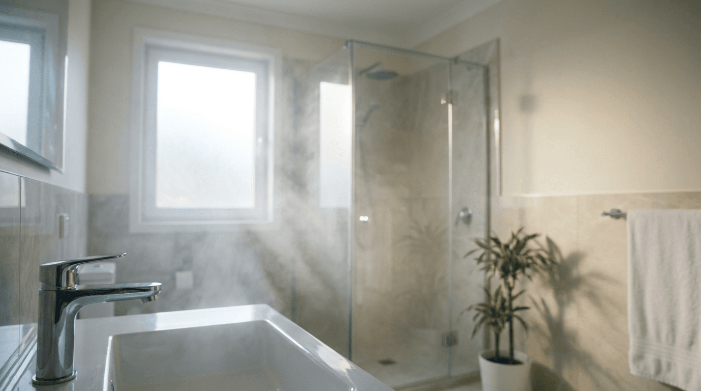 Modern bathroom with custom frameless shower screen and styled wardrobe solution