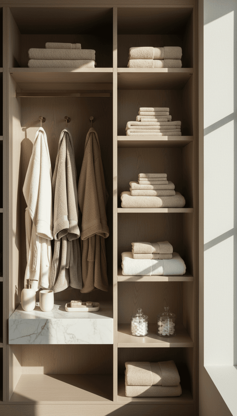 Styled wardrobe robe display with towels and bathroom accessories