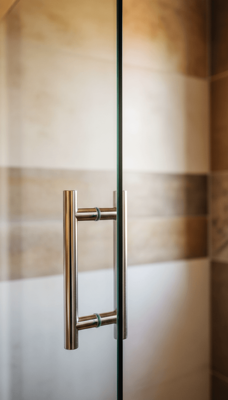 Frameless shower screen close-up showing glass clarity and metal hardware detail