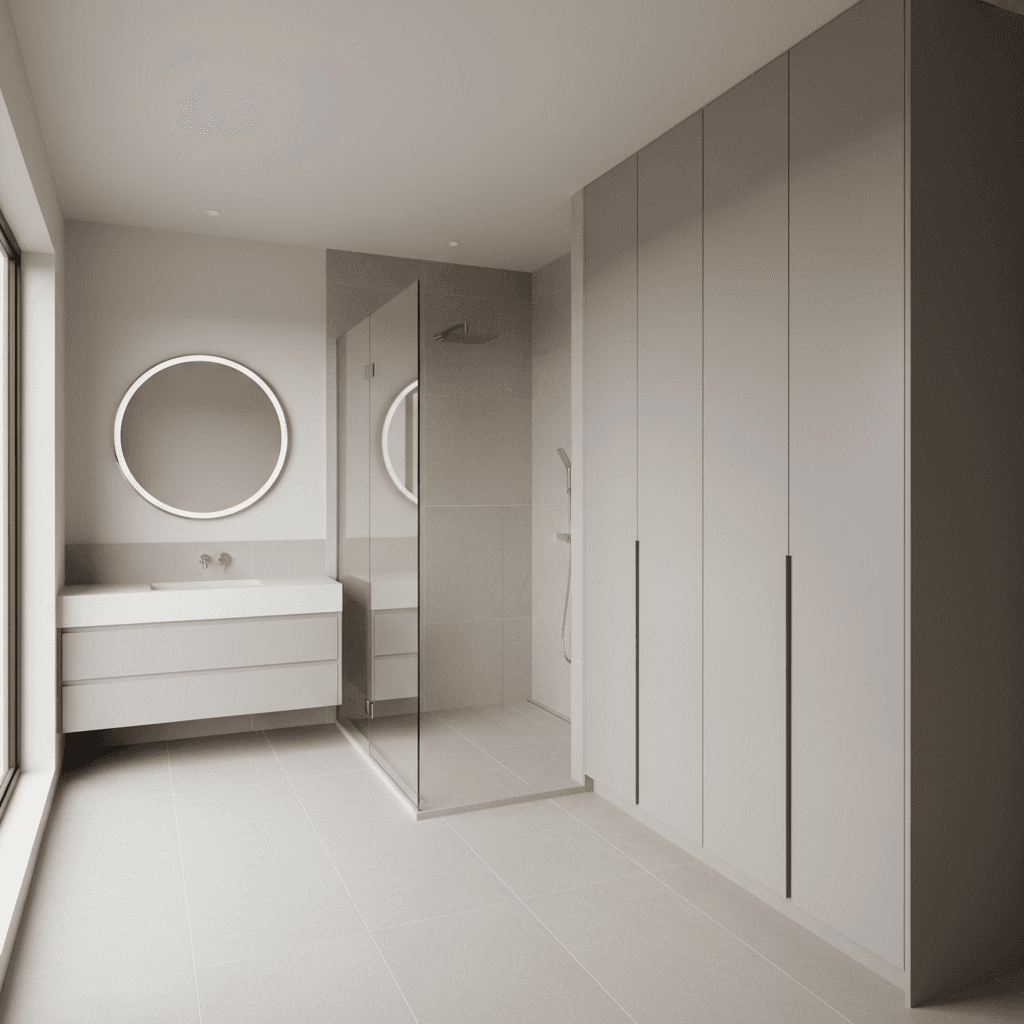 Complete bathroom with coordinated custom shower screen and wardrobe installation