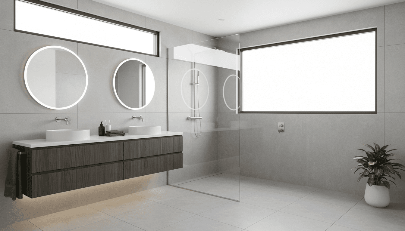Modern frameless custom shower screen in contemporary Perth bathroom
