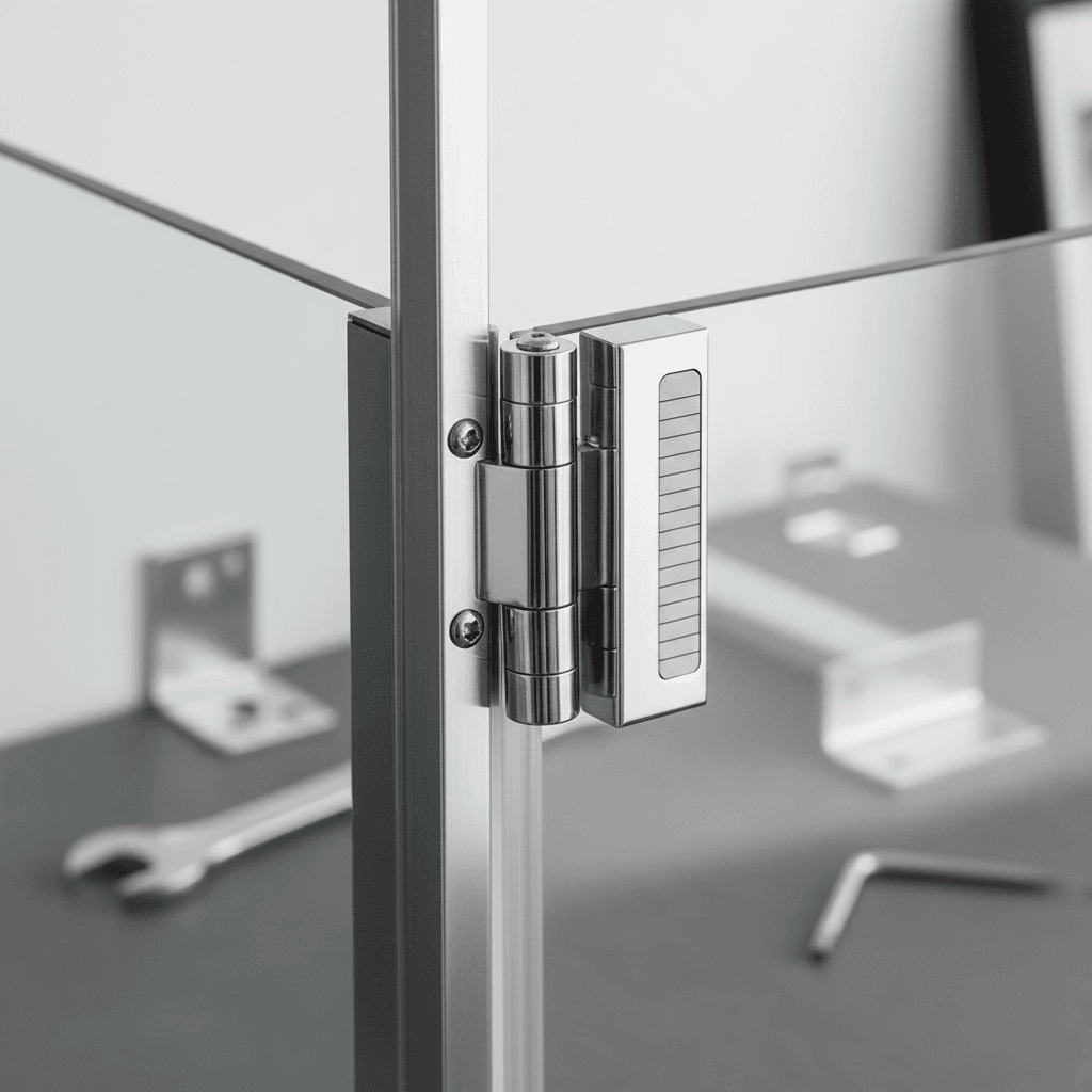 Close-up of custom shower screen hardware showing engineering and precision