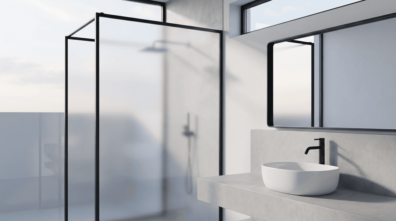 Minimalist bathroom with white vessel sink and matte-black framing, soft morning light creating subtle shadows.