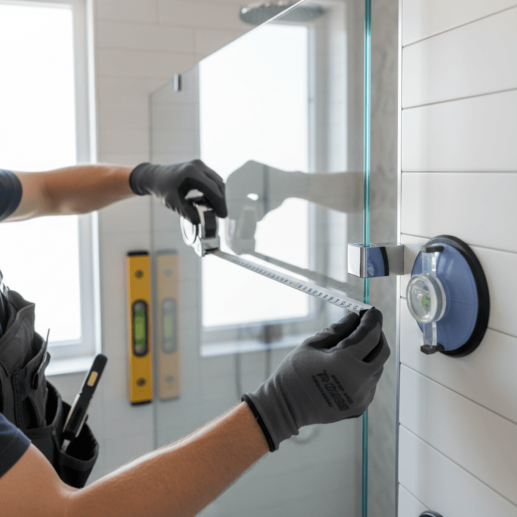 Contractor hands precisely installing frameless glass shower enclosure with measuring tools in modern bathroom